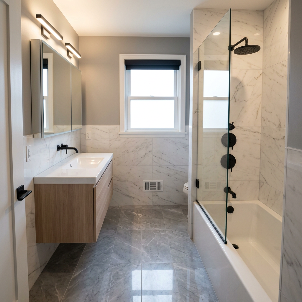 Bathroom after renovation — marble tile and floating vanity