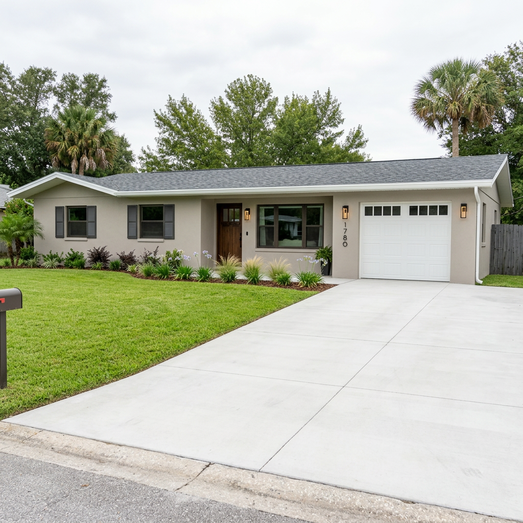 Exterior after renovation — fresh stucco and landscaping