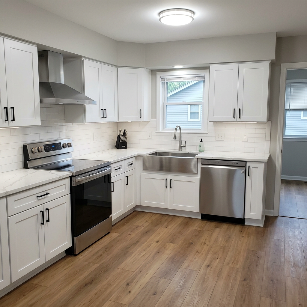 Kitchen after renovation — white shaker cabinets and quartz