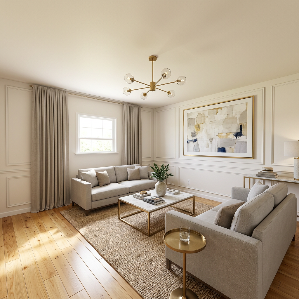 Living room after renovation — light oak floors, staged for resale