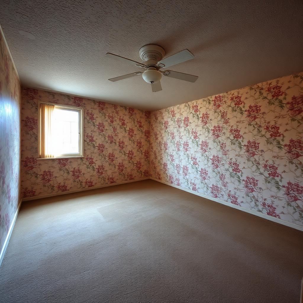 Bedroom before renovation — floral wallpaper and worn carpet