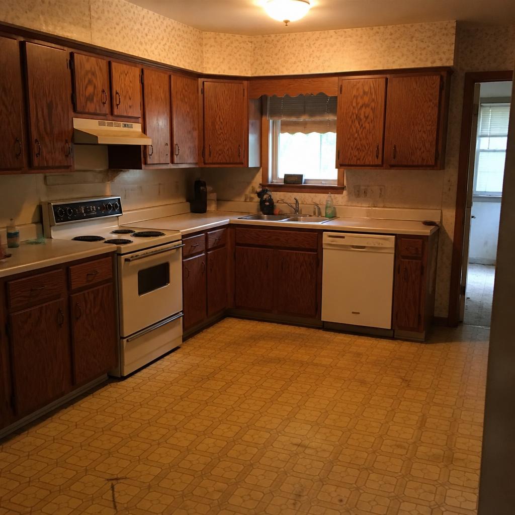 Kitchen before renovation — dated oak cabinets and linoleum