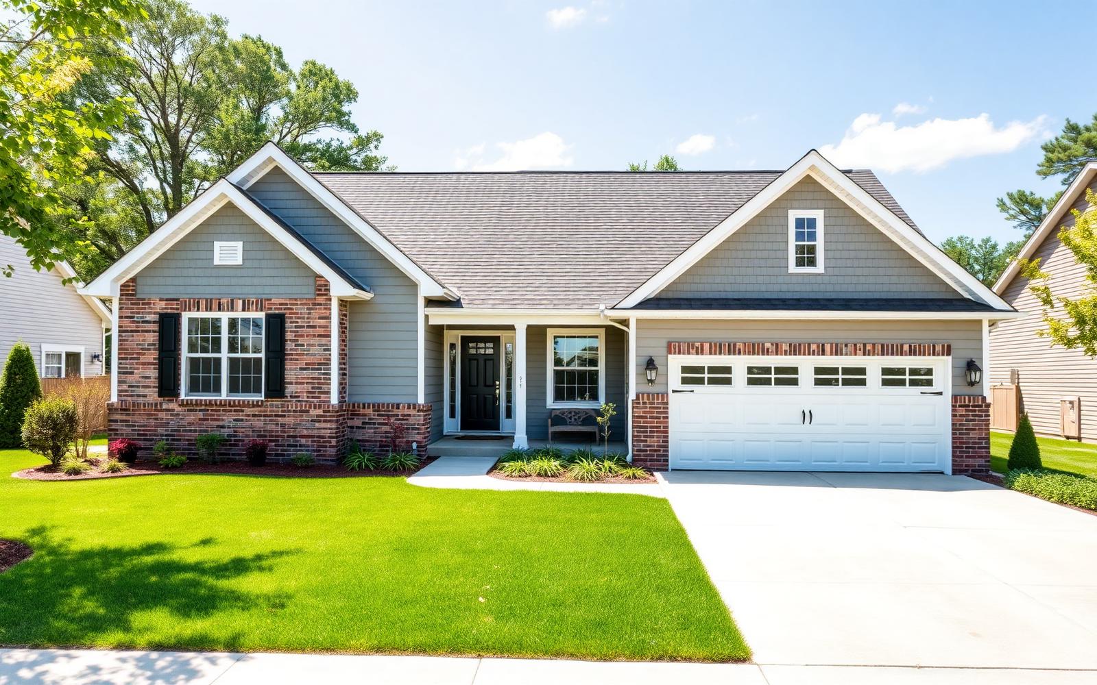 Newly built suburban single-family home with brick front